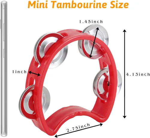 Miniatura 2 de EASTROCK 4 panderetas de percusión de plástico con 4 campanas de percusión de mano, mini pandereta de colores para hacer ruido de colores, pandereta