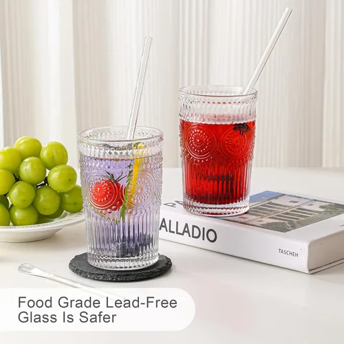 Miniatura 4 de ZMOWIPDL Juego de 6 vasos de vidrio vintage para beber, vasos de agua de vidrio con textura transparente con diseño de flores, vasos de agua a rayas