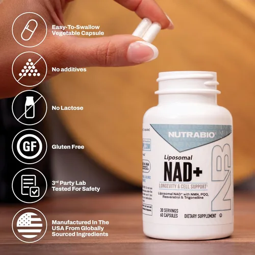 Miniatura 6 de NutraBio Suplemento liposomal NAD+ con resveratrol, NMN y PQQ para la longevidad y el apoyo celular para hombres y mujeres, vitalidad a largo plazo