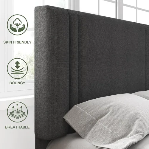 Miniatura 3 de Feonase - Base de cama de tamaño individual con plataforma tapizada, base de cama tapizada con respaldo abatible, listones de madera maciza y Gris
