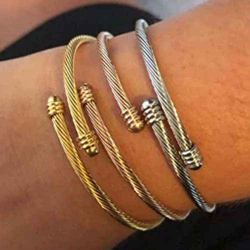 Miniatura 6 de Brazalete trenzado de acero inoxidable triple 3 con alambre de cable apilable para mujer, ororosaplata, Acero inoxidable