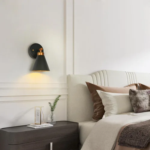 Miniatura 2 de Aplique de pared, 1 aplique de pared negro y dorado, lámpara moderna de pared de granja con pantalla de metal para dormitorio, sala de estar