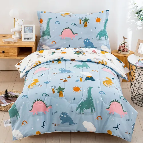 Miniatura 9 de DJY Juego de ropa de cama de algodón tamaño Twin, juego de edredón reversible de dinosaurios y autos para niños y niñas, 4 piezas de cama en una