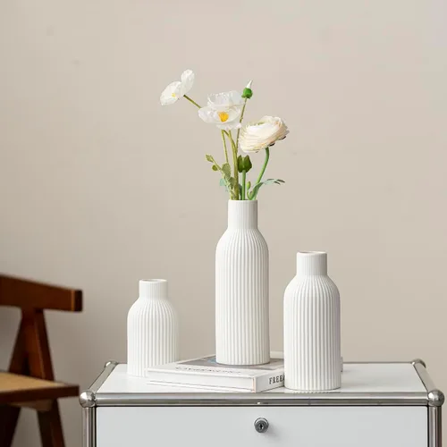 Miniatura 9 de Juego de 3 jarrones de cerámica modernos, jarrones decorativos acanalados blancos, centro de mesa para decoración del hogar, regalos de cumpleaños