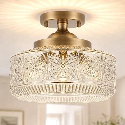 Miniatura 17 de DSMJFU - Lámpara de techo semiempotrada negra, lámpara de techo pequeña vintage, accesorio de iluminación de pasillo de vidrio blanco grueso, luz