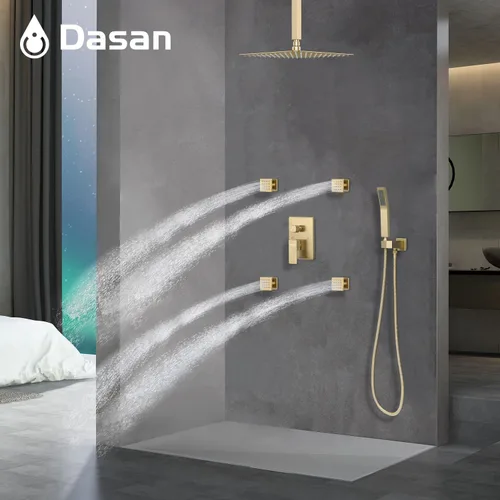 Miniatura 2 de Sistema de ducha dorado cepillado con 4 chorros de ducha y cabezal de ducha de techo de 12 pulgadas y rociador de mano, sistema de grifo de ducha