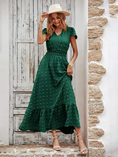 Miniatura 2 de PRETTYGARDEN - Vestido bohemio de manga corta con cuello en V y plumetí con volantes, vestido maxi fruncido de cóctel