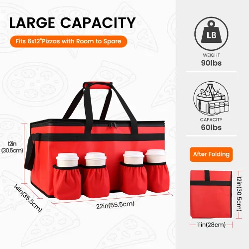 Miniatura 2 de Bolsa de entrega de alimentos con aislamiento con 4 portavasos, bolsas de comestibles aisladas extra grandes para mantener los alimentos Rojo