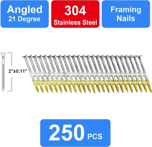 Miniatura 3 de Clavos de acero inoxidable 304 de cabeza redonda completa de 21 grados, anillo de 21 grados, clavo de vástago de 2 pulgadas para clavadora