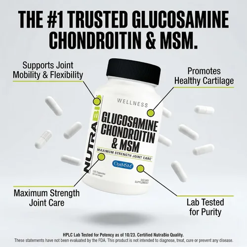 Miniatura 7 de NutraBio Suplemento de glucosamina condroitina y OptiMSM, fórmula de apoyo articular - 120 cápsulas (120 unidades)