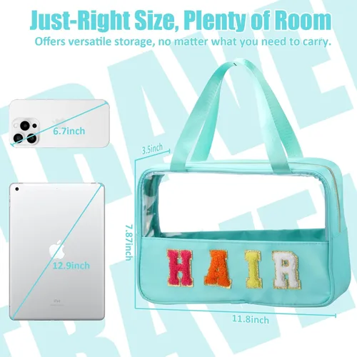 Miniatura 2 de BuyCard Bolsas de Viaje Transparentes con Parche de Letra de Chenilla, Bolsa de Maquillaje Preppy de PVC y Nylon con Asa y Cremallera, Bolsa