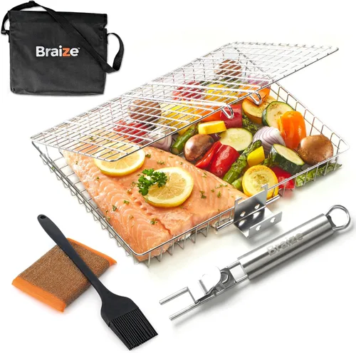 Miniatura 11 de Cesta de parrilla ajustable con mango extraíble – 4 niveles de altura para verduras, carne, pescado y más – Cesta de barbacoa con tapa de bloqueo