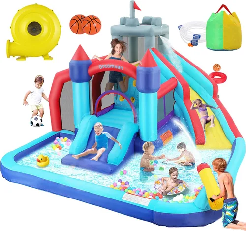 Bounce House - Combo de tobogán acuático, castillo inflable 10 en 1, toboganes acuáticos con soplador para niños de 3 a 12 años, casa hinchable para