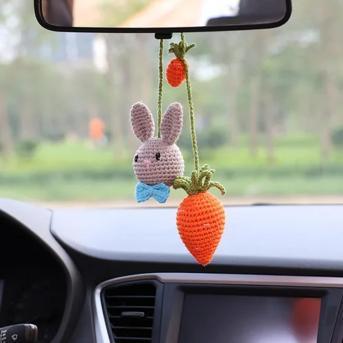 Miniatura 6 de Adorno de conejito gris y zanahoria, accesorios para ventana de visión trasera, colgante hecho a mano para automóvil, decoración de interiores