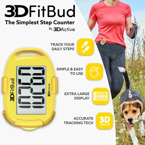 Miniatura 2 de 3DFitBud Simple Contador de Pasos - Podómetro 3D para caminar de 3DActive con clip, cordón, rastreador de pasos preciso, pantalla grande, fácil