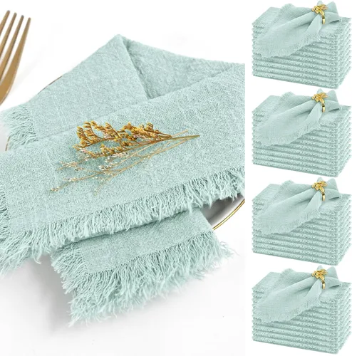 Miniatura 12 de Paquete de 40 servilletas de tela azul polvoriento, servilletas de lino de algodón a granel de 16.5 x 16.5 pulgadas hechas a mano con flecos
