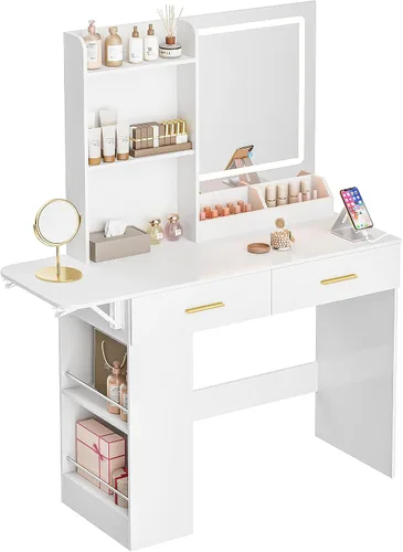 Miniatura 9 de ERLEJIA Escritorio de tocador con espejo y luces, mesa de maquillaje de 43.31 pulgadas con 4 cajones sin taburete, escritorio extra plegable con 3