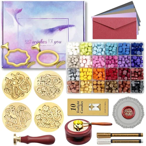 Miniatura 8 de Kit de sellos de cera con caja de regalo, 672 piezas de cuentas de sello de cera, 4 piezas de sellos de cera, 2 piezas de moldes de sellado de cera