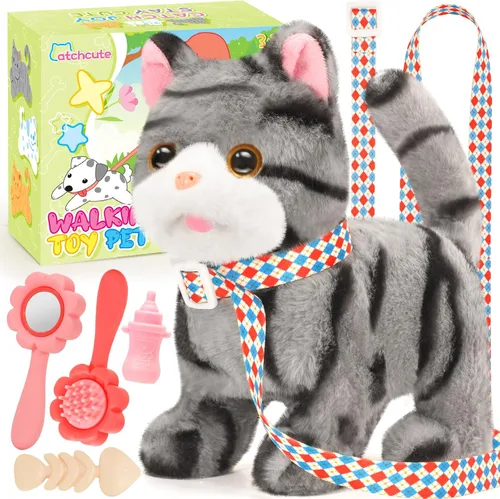 CatchCute Juguetes de gato de peluche para niños con correa, peluche interactivo que puede caminar, maullar y mover la cola, juguetes realistas para