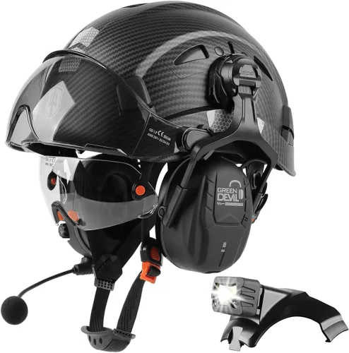 Miniatura 2 de Casco de seguridad con visera GREEN DEVIL con orejeras Bluetooth y faro 5 en 1 Protección completa Cascos de Construcción con ventilación Hardhat