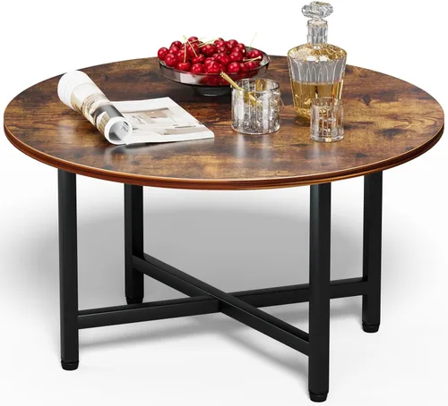 Miniatura 10 de Mesa de Café FAMIDGE, Mesas de Café de 23.6" para Sala de Estar, Mesa de Café Redonda con Marco de Metal, Mesa de Piso para Sentarse en el Suelo