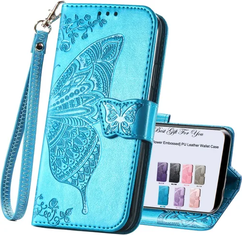 Funda para teléfono Samsung Galaxy A15 5G, funda con tapa para mujer, tarjeteros de crédito en relieve mariposa flor de cuero PU correa de muñeca