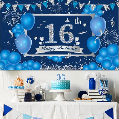 Miniatura 2 de Decoraciones de feliz cumpleaños número 16, pancarta azul y plateada y suministros de fiesta para uso en exteriores e interiores, 72.8 x 43.3