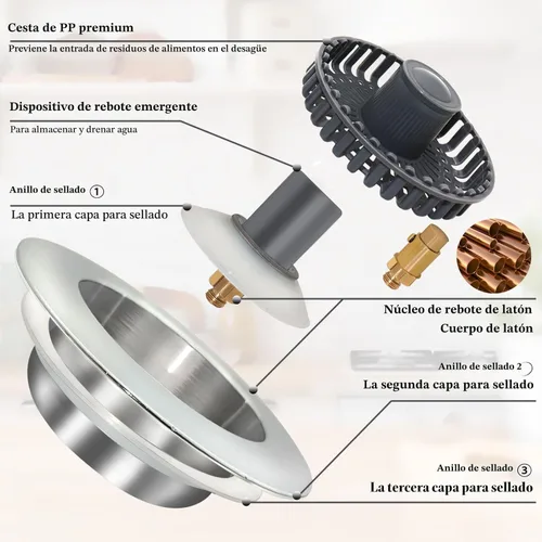 Miniatura 6 de BAOLSLS Tapón de fregadero de cocina 3 en 1, colador de drenaje emergente para fregadero de cocina, con un colador de cesta adicional, tapón