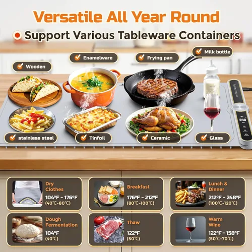 Miniatura 7 de Tapete de calentamiento para alimentos – Bandeja de calentamiento eléctrica extragrande de 32"x15" calienta 8 platos, 9 temperaturas ajustables