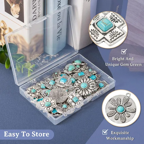 Miniatura 5 de 30 dijes de turquesa de 15 estilos occidentales, estilo tibetano, vintage, grandes, colgantes, retro, flores, cruz, piedra bohemia, para vaquera