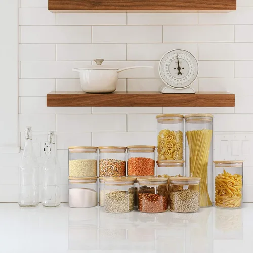 Miniatura 4 de Tarros de vidrio con tapas de bambú (16 onzas en 9 unidades), juegos de tarros y recipientes para alimentos con tapas, tarros de almacenamiento