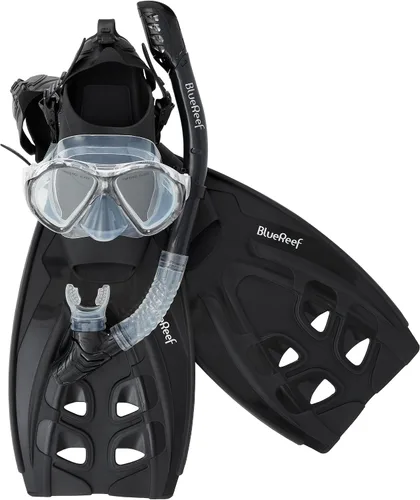 Miniatura 9 de Blue Reef Sentinel Snorkel Mask Set, Snorkeling Gear for Adults Set Includes Sentinel Black Mask w/Twin Tempered Glass, Cortes Dry Snorkel, Bay Fins