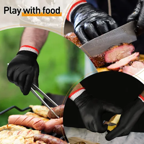 Miniatura 5 de Janmercy 200 piezas Guantes desechables de barbacoa de nitrilo con 4 pares de forro de algodón Guantes para parrilla, cocina, limpieza para ahumador