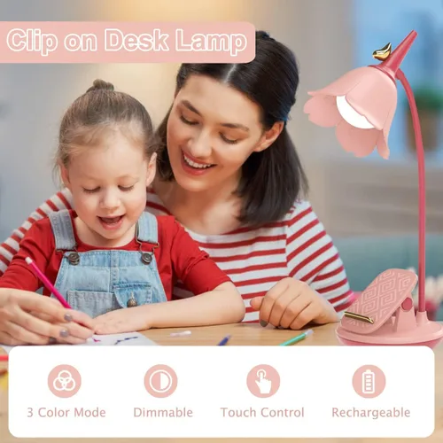 Miniatura 3 de Lámpara de escritorio rosa con abrazadera, lámpara LED pequeña recargable, cuello de cisne ajustable, regulable, linda para dormitorio de niñas