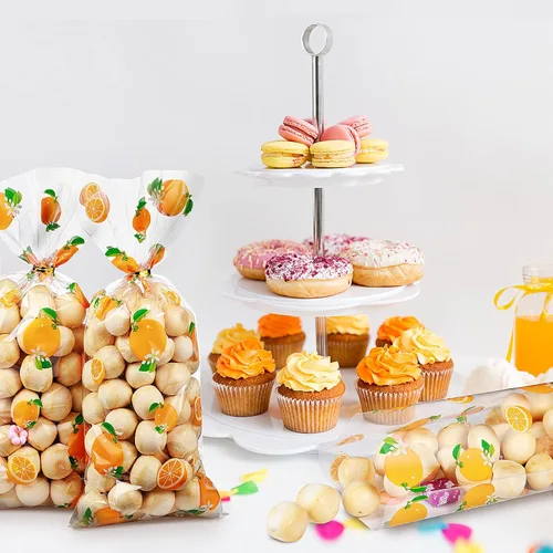 Miniatura 5 de Pajean 100 bolsas para baby shower, color naranja, de plástico, celofán, con 100 lazos dorados para galletas, aperitivos para fiesta de cumpleaños