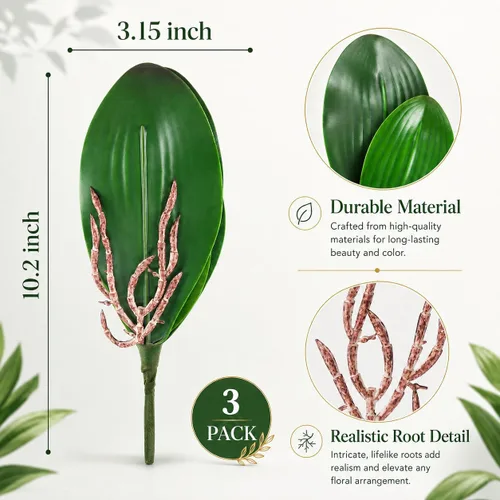 Miniatura 3 de Miracliy Orquídeas falsas, paquete de 3 hojas de orquídeas artificiales, tallos de vegetación sintética para jarrón, estante, escritorio, decoración