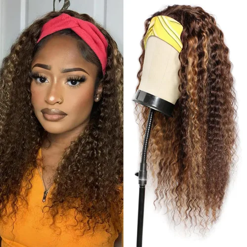 Miniatura 41 de Peluca de cabello humano con diadema de ondas profundas, sin pegamento, pelucas de cabello rizado sin encaje frontal, pelucas de cabello humano