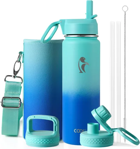 Miniatura 103 de Coolflask Botella de agua de 20 onzas aislada con pajilla, 3 tapas de metal de acero inoxidable, botella de agua de boca ancha para deportes u