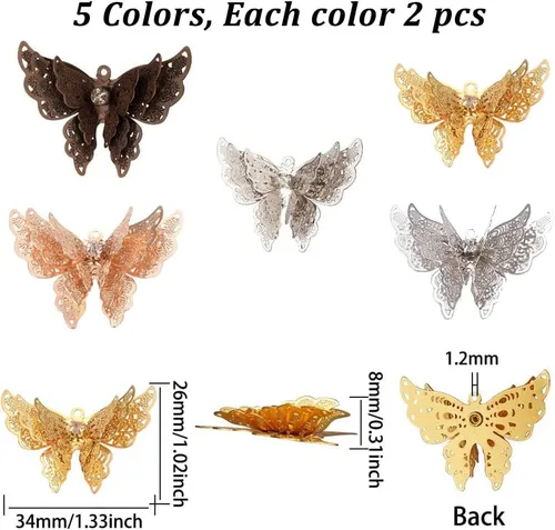 Miniatura 3 de SUNNYCLUE 1 caja de 10 dijes de filigrana de mariposa de 1.339 x 1.024 in, 3 capas de diamantes de imitación de filigrana hueca para manualidades