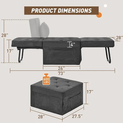 Miniatura 2 de Sofá Cama Convertible, Cama Otomana Plegable Multifunción 4 en 1 con Respaldo Ajustable, Moderna Silla Cama Extraíble para Sala de Estar, Gris