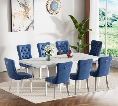 Miniatura 32 de Henf Juego de mesa de comedor extensible de 7 piezas para 6, 160 cm-200 cm Mesa de cocina extensible de grano de mármol blanco con 6 sillas Blanco
