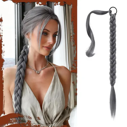 Miniatura 18 de Sofeiyan Extensión de cola de caballo de trenza larga con banda para el cabello, lacio, elegante, envolvente, extensiones de cabello trenzado, cola