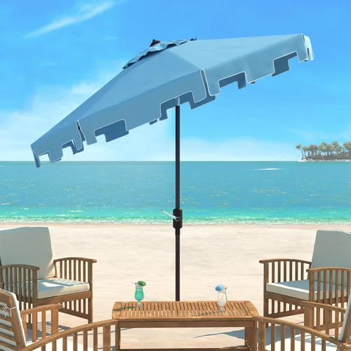 Miniatura 2 de SAFAVIEH Zimmerman - Sombrilla de patio con manivela de 9 pies para exteriores, toldo azul y blanco bebé, poste de aluminio marrón, cenefa