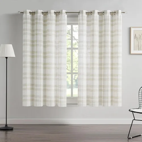 Miniatura 10 de SXZJTEX Cortinas a cuadros grises y blancos, cortinas rústicas de lino traslúcido a cuadros de 63 pulgadas de largo para sala de estar, dormitorio