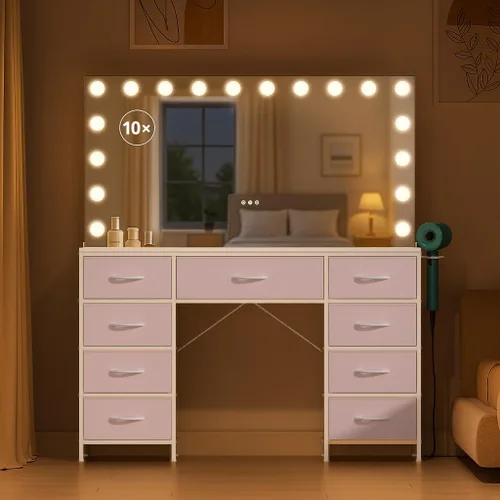 Miniatura 3 de COMHOMA Escritorio de tocador con espejo grande, 15 bombillas LED y toma de corriente, mesa de maquillaje con 9 cajones de almacenamiento y espejos
