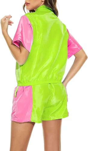 Miniatura 3 de Yisfri Conjunto de 2 piezas rompevientos con bloques de color para mujer, manga corta, cremallera frontal, cintura elástica