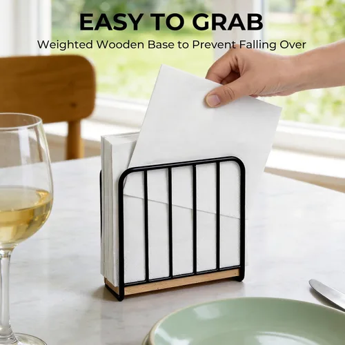Miniatura 2 de Servilletero moderno de granja para mesa, base de madera maciza pesada con diseño de metal, dispensador vertical de servilletas para encimera