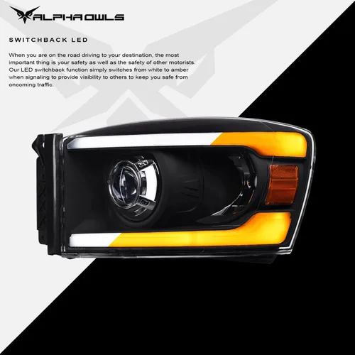 Miniatura 4 de Alpha Owls 8711538 Faros Delanteros de Proyector con Barra LED Secuencial Switchback y Luz de Arranque - Negro Ámbar Compatible con 2006-2008 Dodge