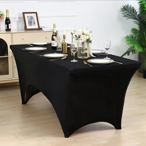 Miniatura 7 de Fixwal Paquete de 3 manteles rectangulares color negro de 8 pies, de elastano elástico, ajustable para fiestas, ferias, bodas, bufés, graduaciones