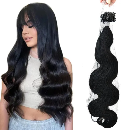 Miniatura 18 de Extensiones de cabello humano microlink de 16 pulgadas, extensiones de cabello natural suave de microcuentas, color #1 negro azabache, 100% cabello